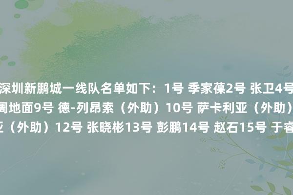 深圳新鹏城一线队名单如下：1号 季家葆2号 张卫4号 姜至鹏5号 胡睿宝8号 周地面9号 德-列昂索（外助）10号 萨卡利亚（外助）11号 埃杜-加西亚（外助）12号 张晓彬13号 彭鹏14号 赵石15号 于睿16号 李智19号 安永佳20号 杜加利奇（外助）21号 南松22号 张昱杰23号 杨一鸣27号 拜合拉木28号 张煜东29号 王峤34号 夏合扎提36号 卡尔采夫（外助）46号 申桓铭49